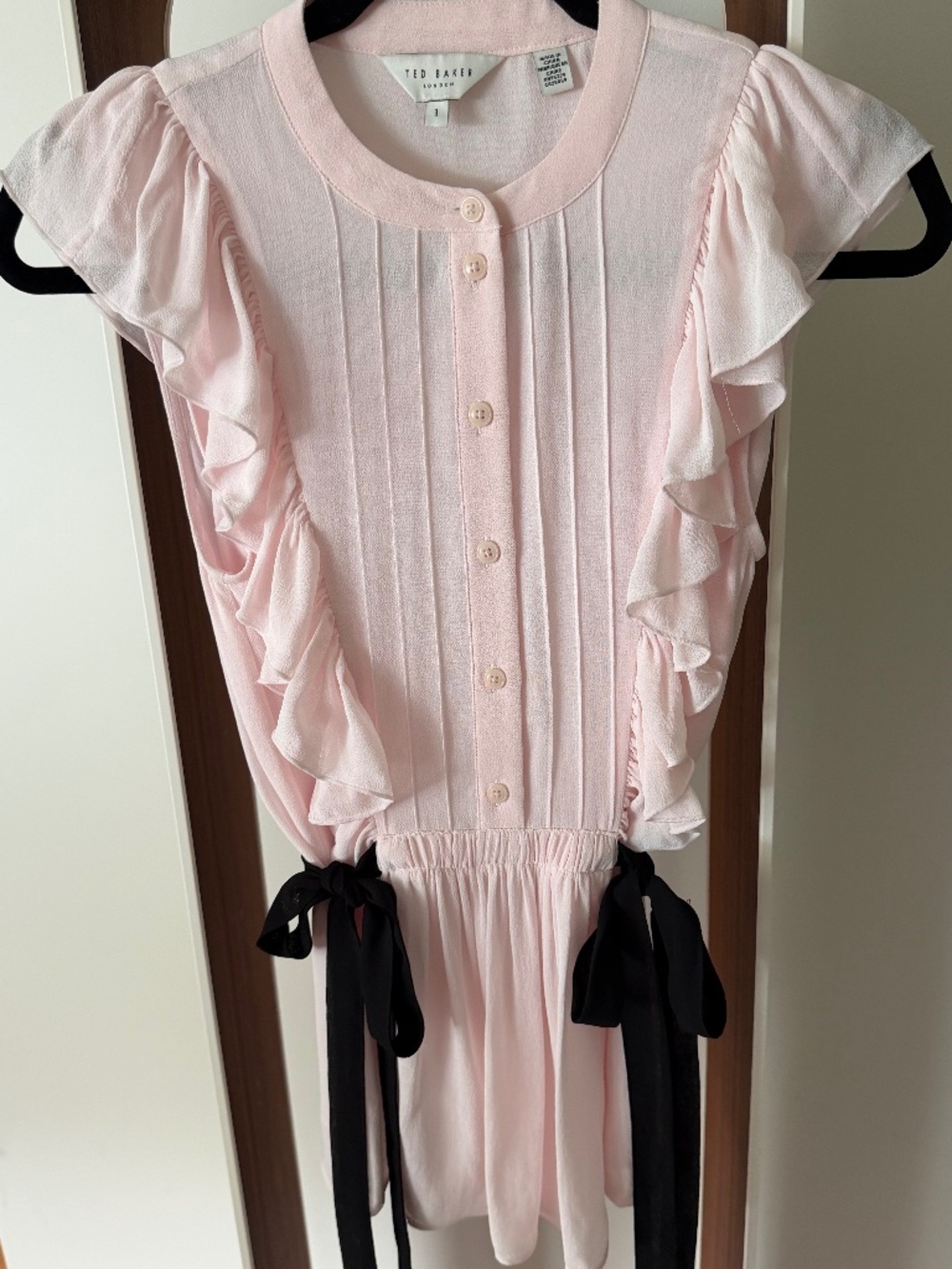 Ted Baker London Blush Pink Ruffle Blouse | Black Bow Waist Ties | Size 1 (S)